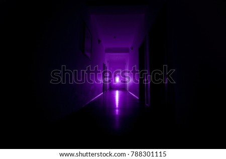 Dark corridor with cabinet doors and lights with silhouette of spooky horror man standing with different poses. Halloween concept