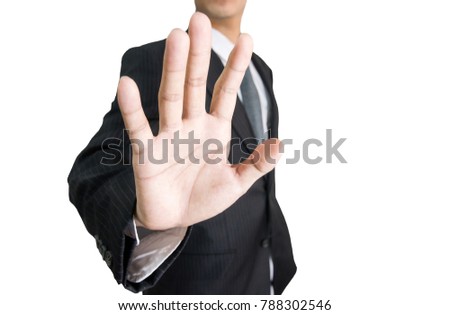 Businessman with raised opening hand making No more gesture, background white