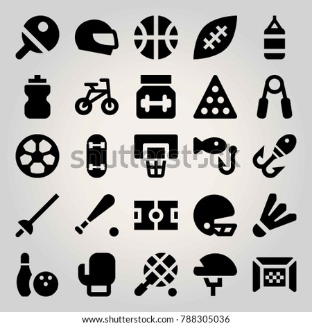 Sport vector icon set. skateboard, field, protein and american football