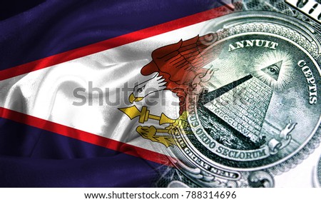 Flag of American Samoa on a fabric with an American dollar close-up.