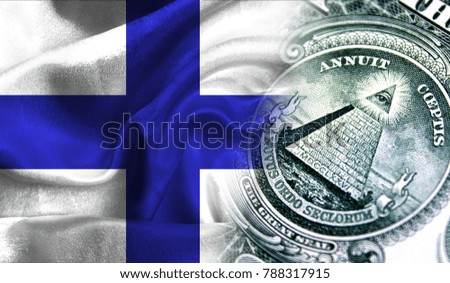 Flag of Finland on a fabric with an American dollar close-up.