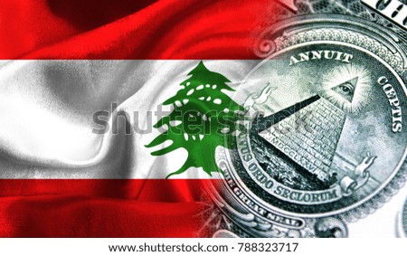 Flag of Lebanon on a fabric with an American dollar close-up.