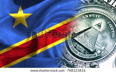 Flag of Congo Democratic on a fabric with an American dollar close-up.