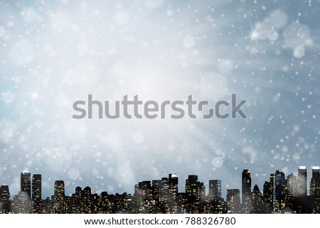 NIGHT VIEW SILHOUETTE OF NEW YORK / MANHATTAN WITH HEAVY SNOW FALLING