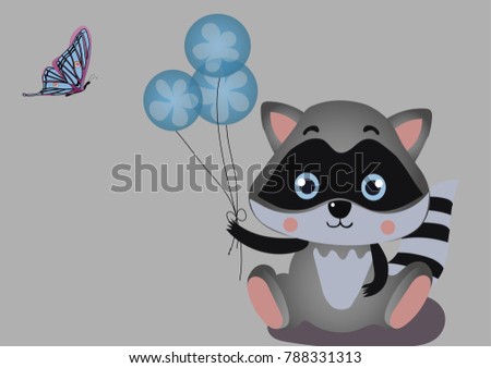 baby raccoon with three balloons