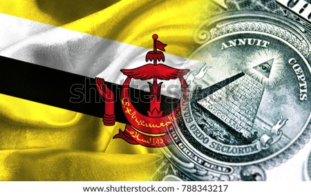 Flag of Brunei on a fabric with an American dollar close-up.