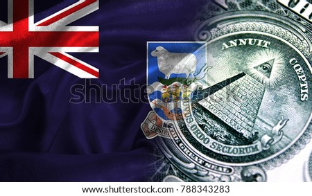 Flag of Falkland Islands on a fabric with an American dollar close-up.