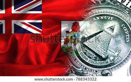 Flag of Bermuda Islands on a fabric with an American dollar close-up.