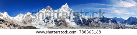 Panoramic view of himalayas mountains, Mount Everest and Khumbu Glacier from Kala Patthar - way to Everest base camp, Khumbu valley, Sagarmatha national park, Nepalese himalayas Royalty-Free Stock Photo #788365168