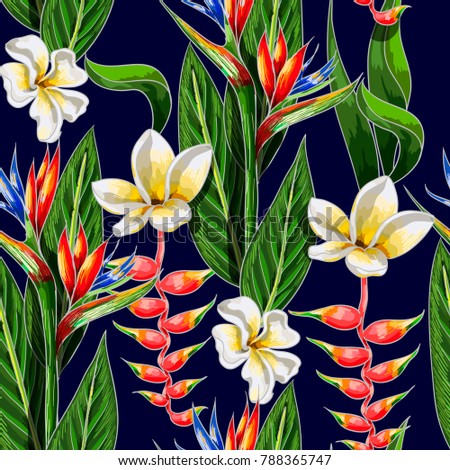 Seamless pattern with tropical flowers. Strelicia, plumeria and tropical leaf hand draw vector illustration.