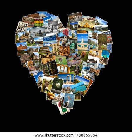 Heart shape made of a collage of travel pictures.  Landscape, animals and landmarks from everywhere on black background
