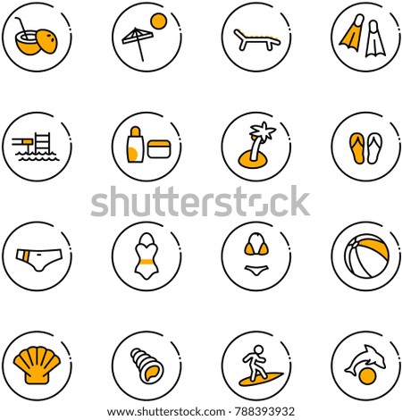 line vector icon set - coconut cocktail vector, beach, lounger, flippers, pool, uv cream, palm, flip flops, swimsuit, ball, shell, surfing, dolphin
