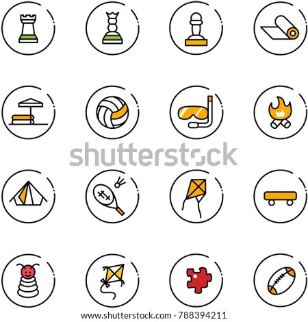 line vector icon set - chess tower vector, queen, pawn, mat, inflatable pool, volleyball, diving, fire, tent, badminton, kite, skateboard, pyramid toy, puzzle, football