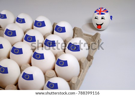 Egg with the flag of the British Commonwealth leaves the box with eggs with the flags of the European Union