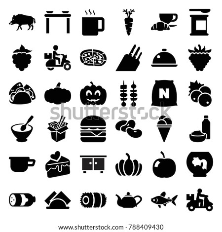 Food icons. set of 36 editable filled food icons such as sausage, currant, bean, hog, delivery bike, aquarium, table with plates and pan, ice cream, taco, pizza, cheeseburger