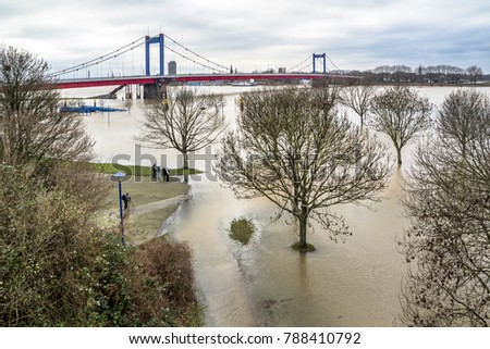 The river Rhine is flooding the city of Duisburg, Germany