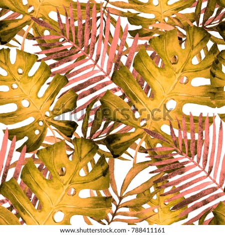 Watercolor seamless pattern with tropical leaves: palms, monstera, passion fruit. Beautiful allover print with hand drawn exotic plants. Swimwear botanical design.

