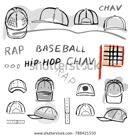 Baseball, tennis, rap cap outlined oil pastel template sketch (front, back and side views) and man head, vector illustration isolated on white background