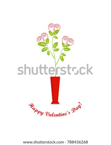 Valentines day greeting card, flowers in red vase, greeting inscription - Happy Valentine's Day
