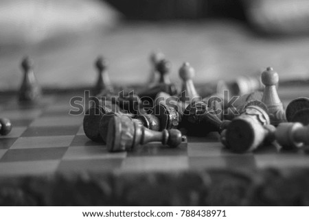 Chess game Wooden chess pieces on a chess Board,black white photography