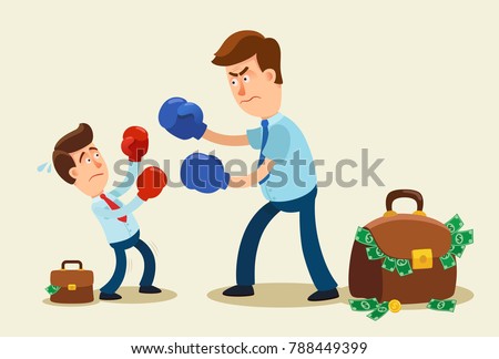 Unfair competition. Businessman in boxing gloves is fighting bigger businessman. Business competition concept. Vector cartoon illustration.  Royalty-Free Stock Photo #788449399