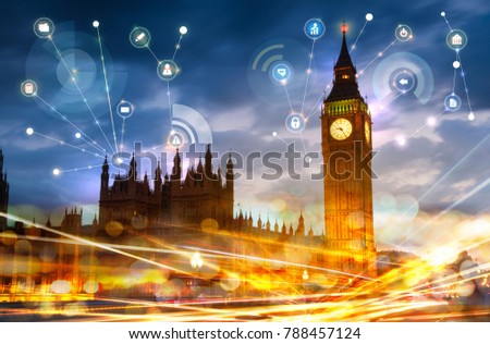 Big Ben and houses of Parliament at sunset. Illustration with communication and business icons, network connections concept.