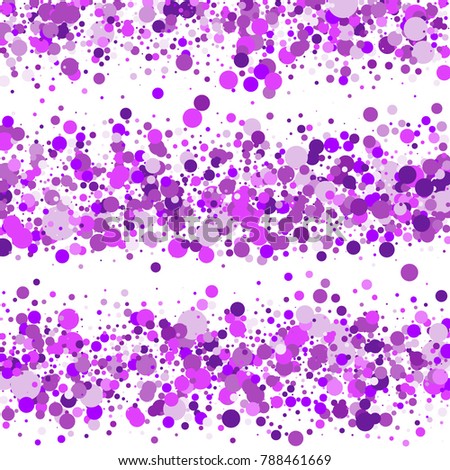 Purple and pink confetti on a white background. Beautiful background. Confetti. A frame of confetti. A scattering of confetti. Placer from the circles. Beautiful background. Vector illustration. 