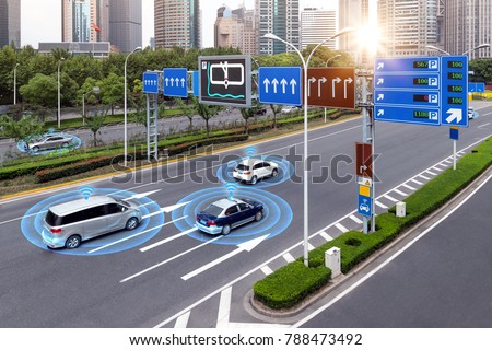 Smart car (HUD) , iot , Autonomous self-driving mode vehicle on metro city road iot concept with graphic sensor radar signal system and internet sensor connect.