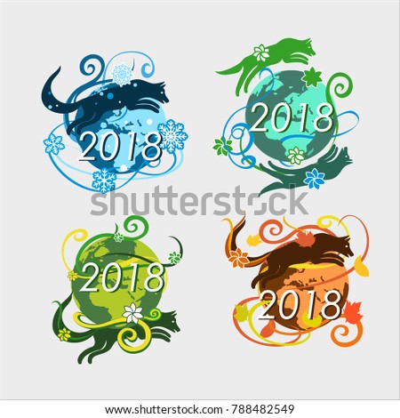 New year 2018 of dog. Vector illustration of 2018 made of colorful graphic objects. Seasons graphic illustration. Design concept of year. 