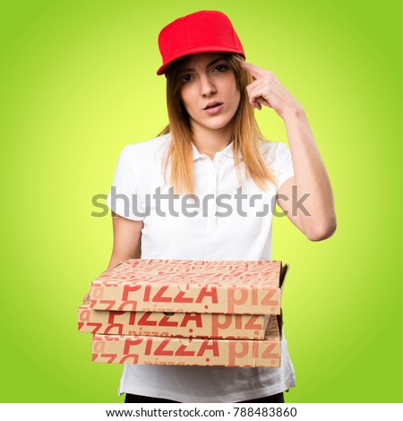 Pizza delivery woman making crazy gesture on colorful background