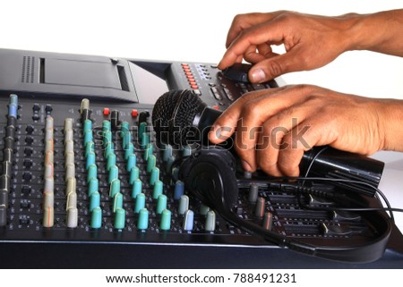 mixing desk image with microphone with people stock photo