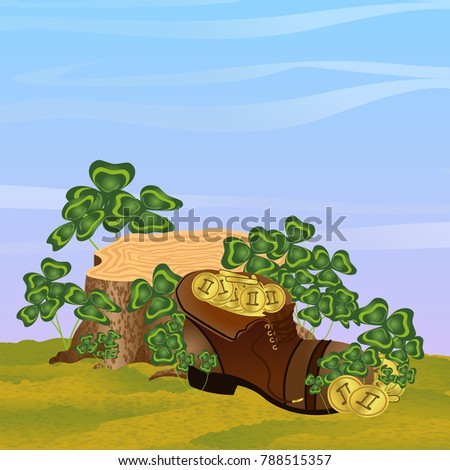 A large brown shoe filled with gold coins. Stump in thickets of clover. St.Patrick's Day. Vector landscape
