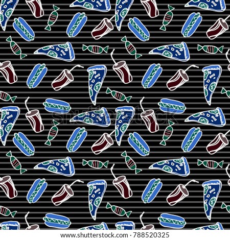 fast food pattern on striped black backgrounde on doodle tyle