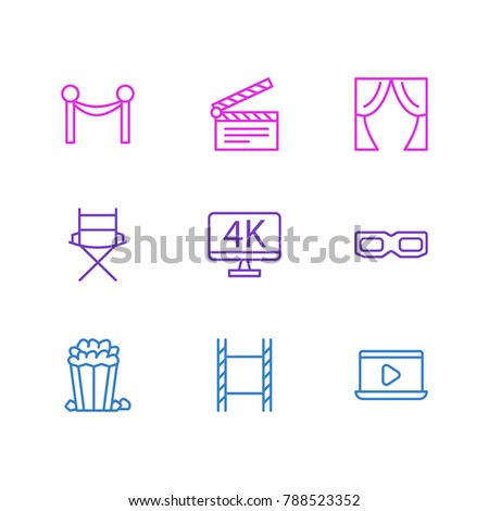 Vector illustration of 9 movie icons line style. Editable set of 3d glasses, cinema reel, clapperboard and other elements.