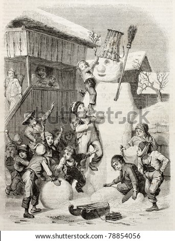 Children in Brienz village (Switzerland) making very big snow man and playing with it. Created by Girardet (sculp. Best, Hotelin and Regnier), published on Magasin Pittoresque, Paris, 1850