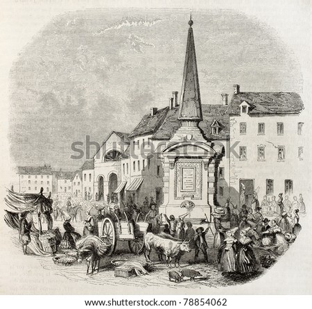 Old illustration of market place in Gournay, France. Created by Ponetenier, published on Magasin Pittoresque, Paris, 1850
