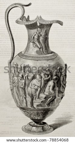 Antique illustration of an old silver jug found in Villeret, near Berthouville, France. Created by Freeman and Quartley, published on Magasin Pittoresque, Paris, 1850
