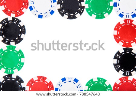 Poker gambling casino chips frame isolated on white background