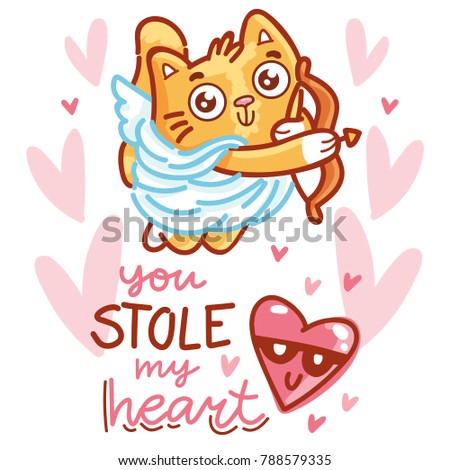 Cute ginger Cat as Cupid with bow and arrow, and lettering calligraphy text. You stole my heart. Hand drawn, romantic love illustration on hearts background in cartoon doodle style