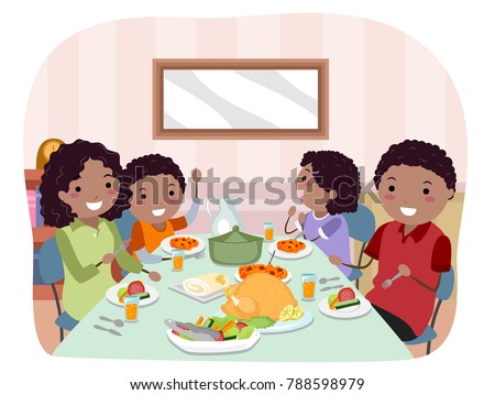Illustration of Stickman African American Family Having a Meal