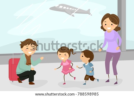 Illustration of Stickman Family Welcoming Their Father at the Airport