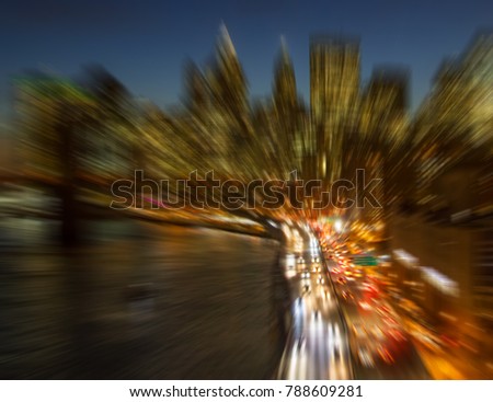 New York City skyline night lights blurred background