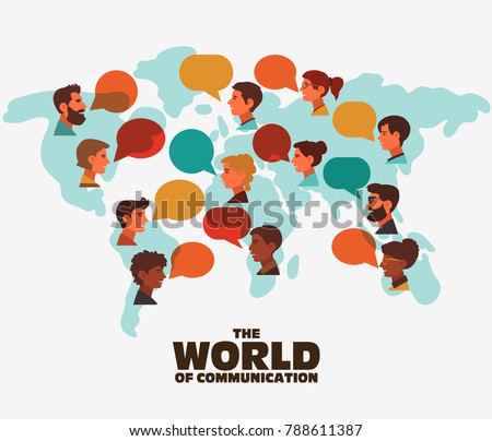 Group of happy smiling young people speaking together. Male and female faces avatars in modern design style. Communication, teamwork, assistance and connection vector concept