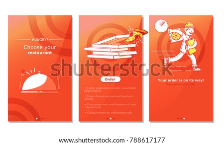 Screen of the app for food delivery, pizza from restaurants. Design of vertical banners for phone. Vector flat illustration