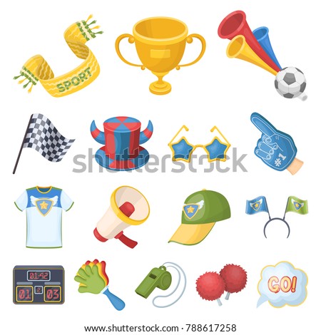 Fan and Attributes cartoon icons in set collection for design. Sports Fan vector symbol stock web illustration.