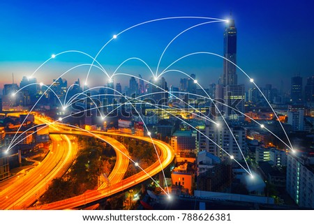 Network connection line between building over of cityscape background network and connection concept