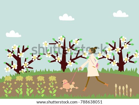 Dog walking. A woman and a dog. Image of spring. Illustration of the season.
Illustration of the season.