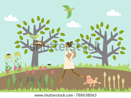 Dog walking. A woman and a dog. Image of spring. Illustration of the season.
Illustration of the season.