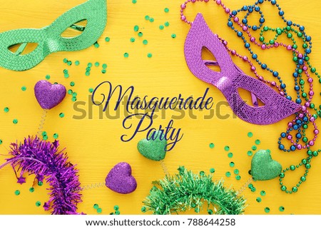 Top view image of masquerade background. Flat lay. Mardi Gras celebration concept