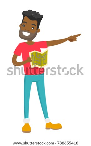 Young african-american man with paper map in hands sightseeing and pointing finger to the side. Vector cartoon illustration isolated on white background.